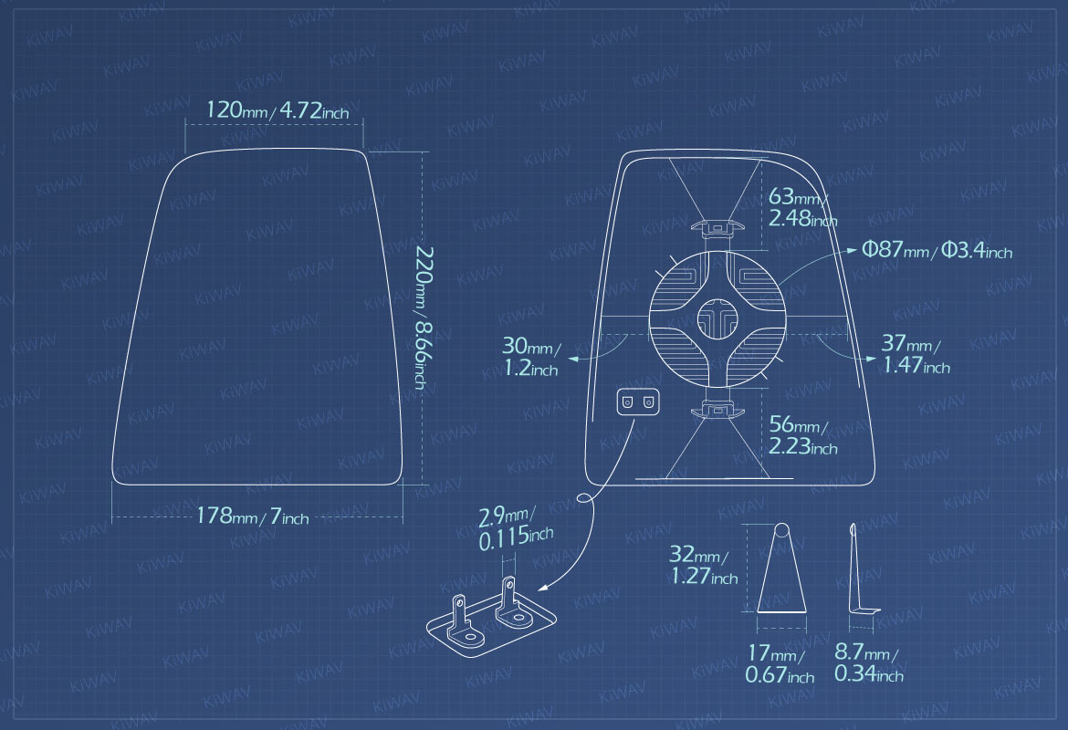 Measurement of KiWAV aftermarket OEM replacement side mirror glass upper part LH