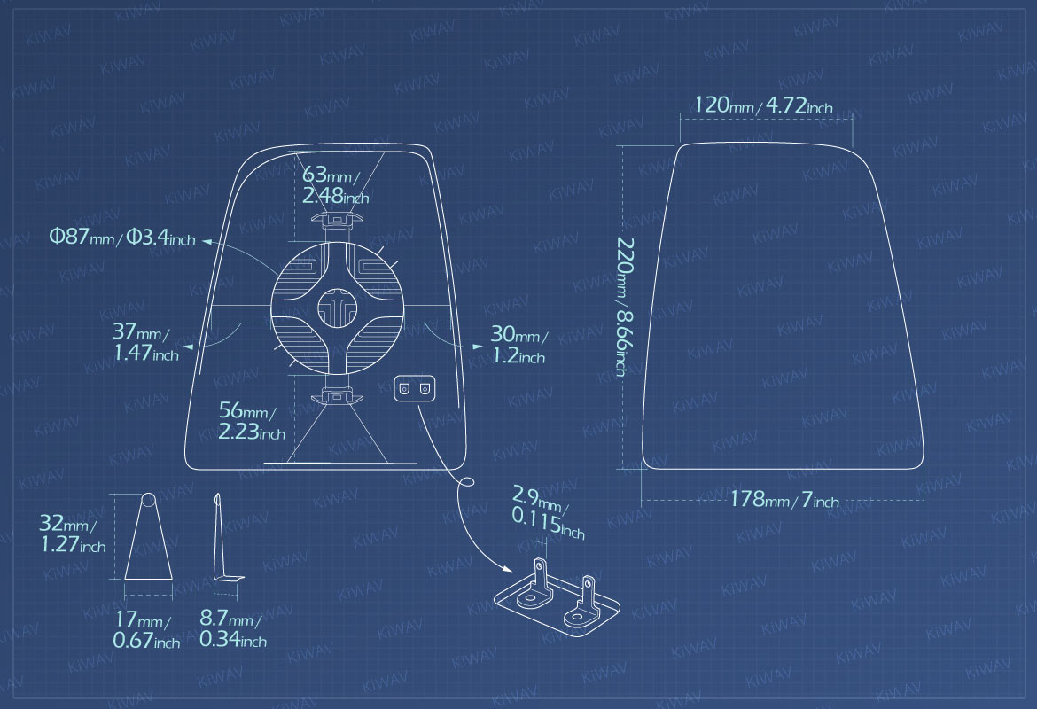 Measurement of KiWAV aftermarket OEM replacement side mirror glass upper part RH