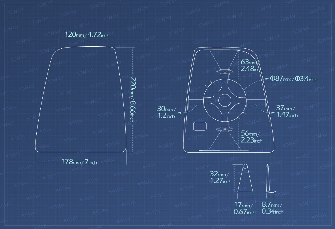 Measurement of KiWAV aftermarket OEM replacement side mirror glass upper part LH