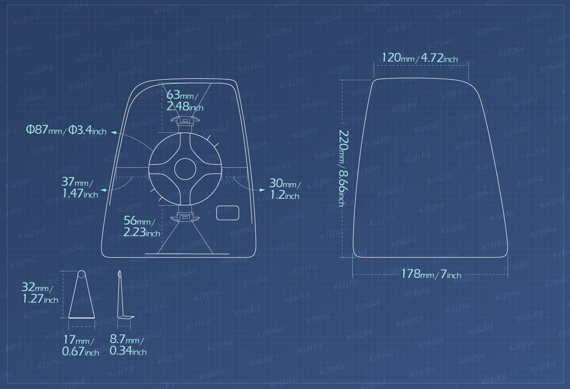 Measurement of KiWAV aftermarket OEM replacement side mirror glass upper part RH