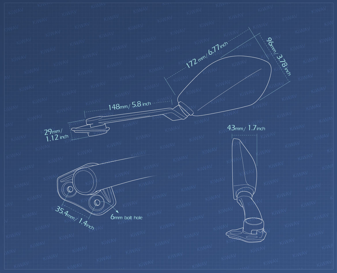 Measurement of KiWAV OEM replacement mirror left hand LH compatible for Zero SR/S 2020~