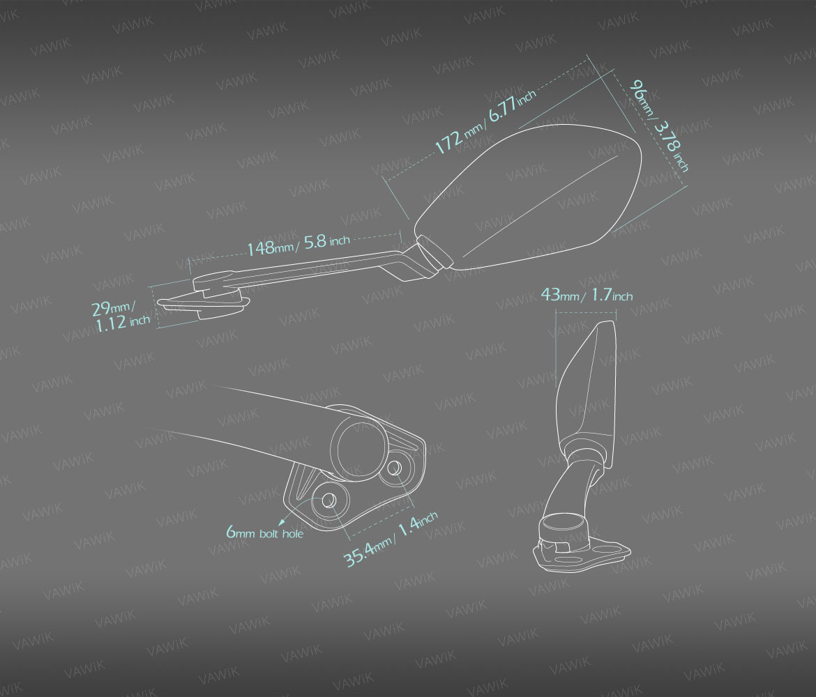 Measurement of VAWiK OEM replacement mirror a pair compatible for Zero SR/S 2020~