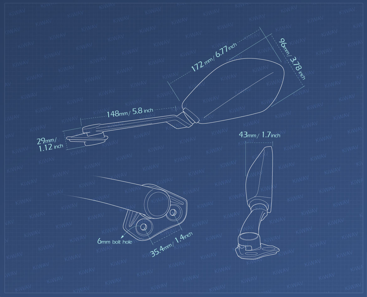 Measurement of KiWAV OEM replacement mirror a pair compatible for Zero SR/S 2020~