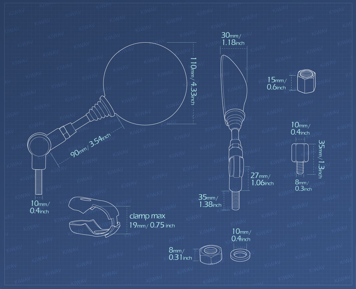 Measurement of KiWAV folding rear view mirror for most M8 standard mirror thread motorcycles