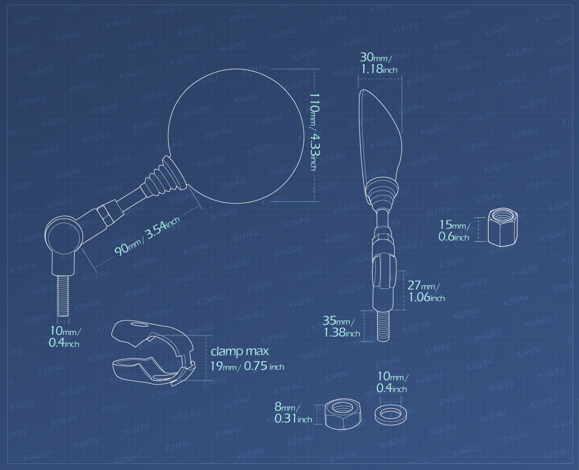 Measurement of KiWAV folding rear view mirror for most M10 standard mirror thread motorcycles