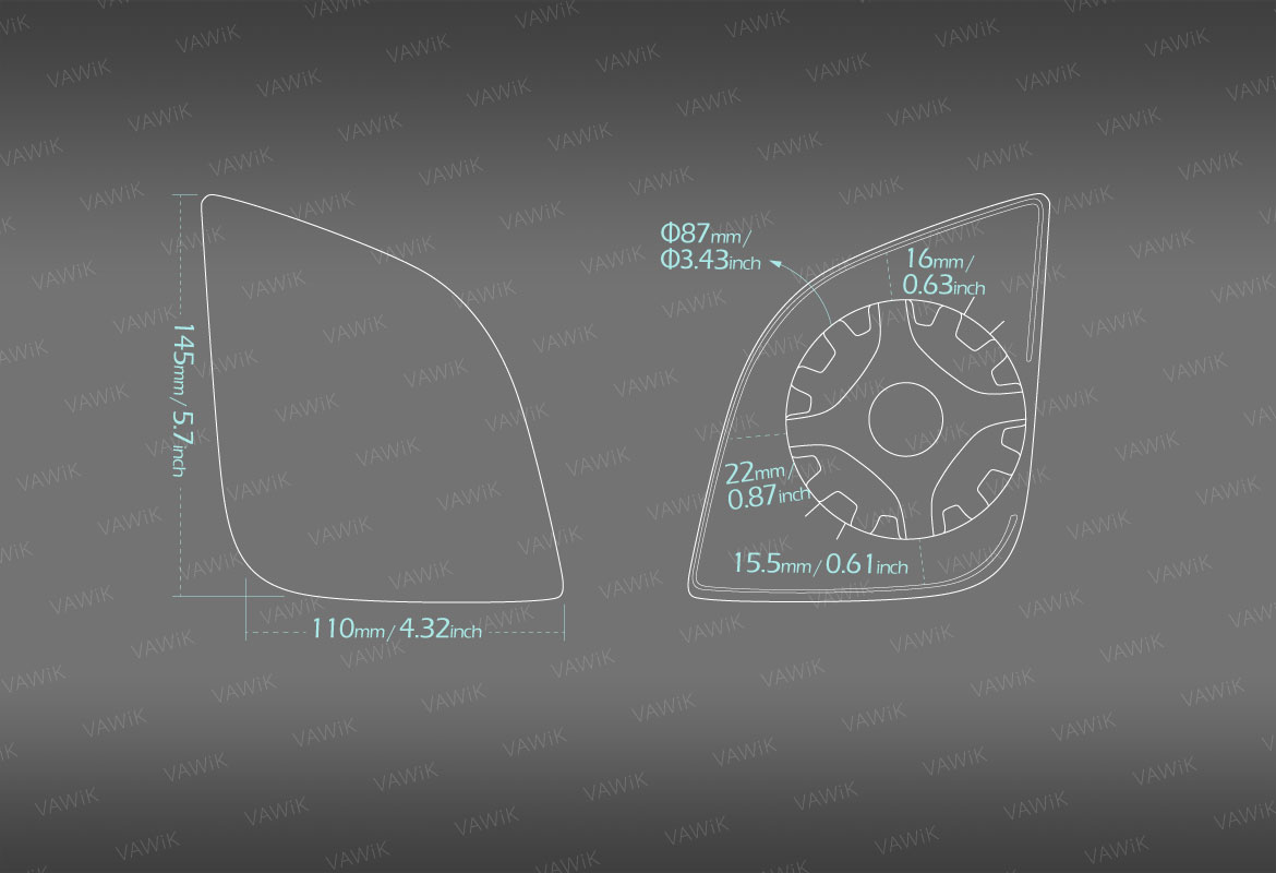 Measurement of VAWiK aftermarket OEM replacement mirror glass right hand RH compatible for BMW R 900 RT, R 1200 RT 05~09