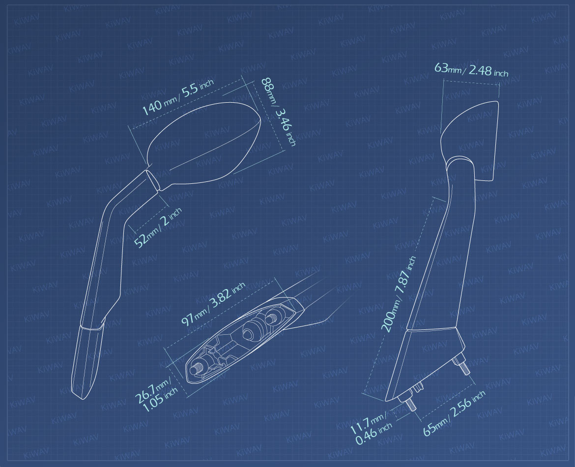 Measurement of KiWAV OEM replacement mirror a pair compatible for BMW C600/C650 Sport 11~20