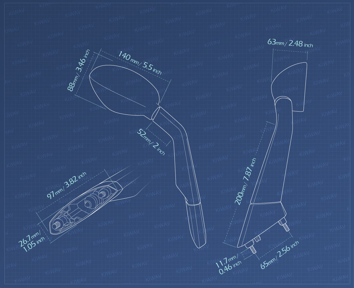Measurement of KiWAV OEM replacement mirror right hand RH compatible for BMW C600/C650 Sport 11~20