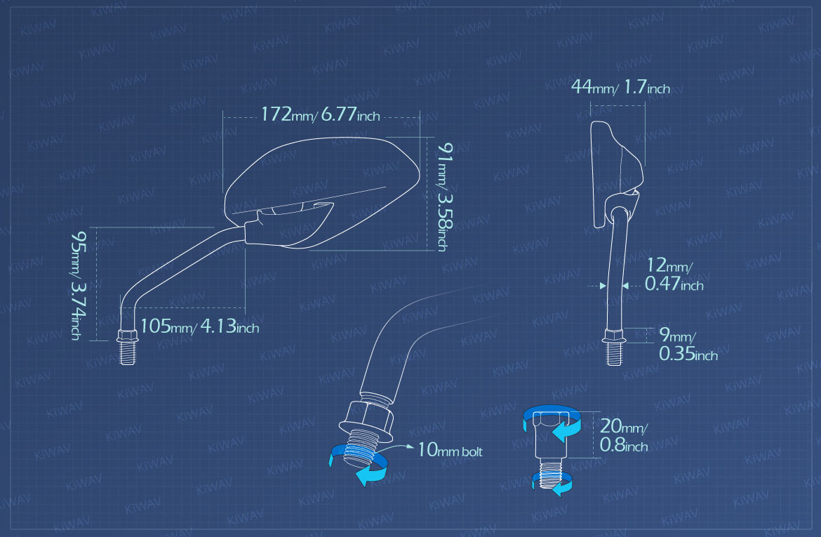 Measurement of KiWAV rear view mirror universal fit for most M10 mirror thread motorcycles, ATVs left hand