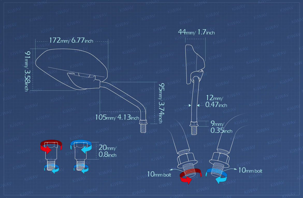 Measurement of KiWAV rear view mirror universal fit for most M10 mirror thread motorcycles, ATVs, a pair