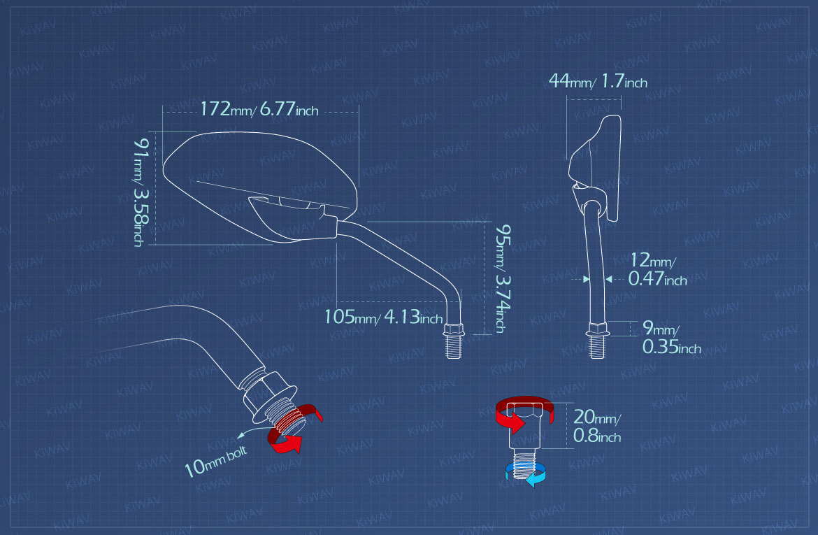 Measurement of KiWAV rear view mirror universal fit for most M10 mirror thread motorcycles, ATVs right hand