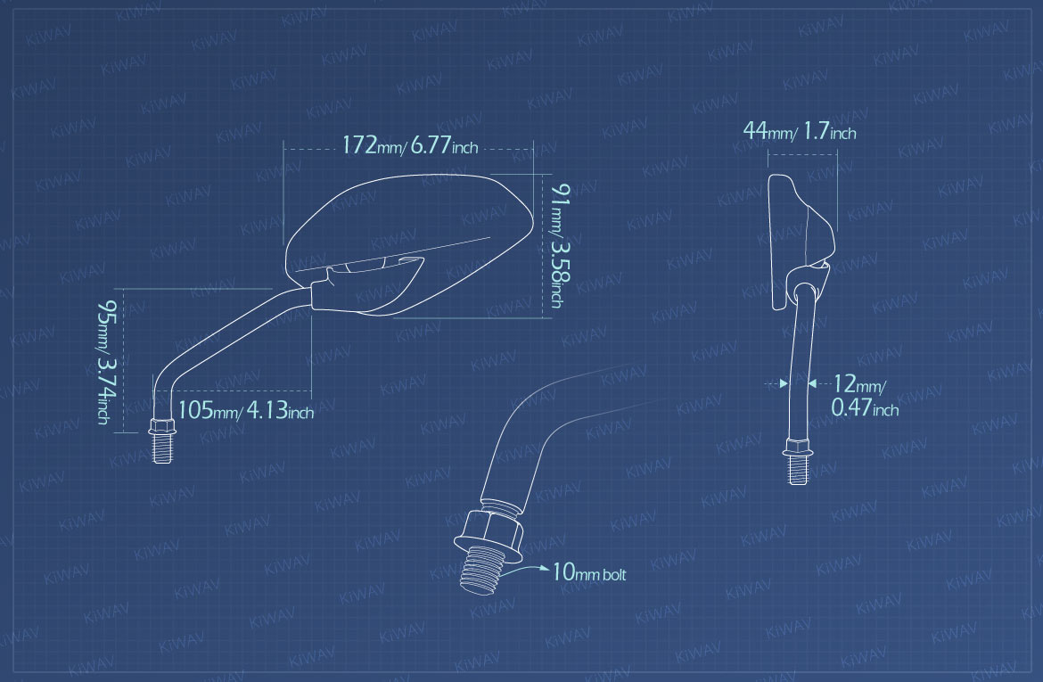 Measurement of KiWAV OEM replacement mirror FD320-2M for Ducati Scrambler 800 (15'-)