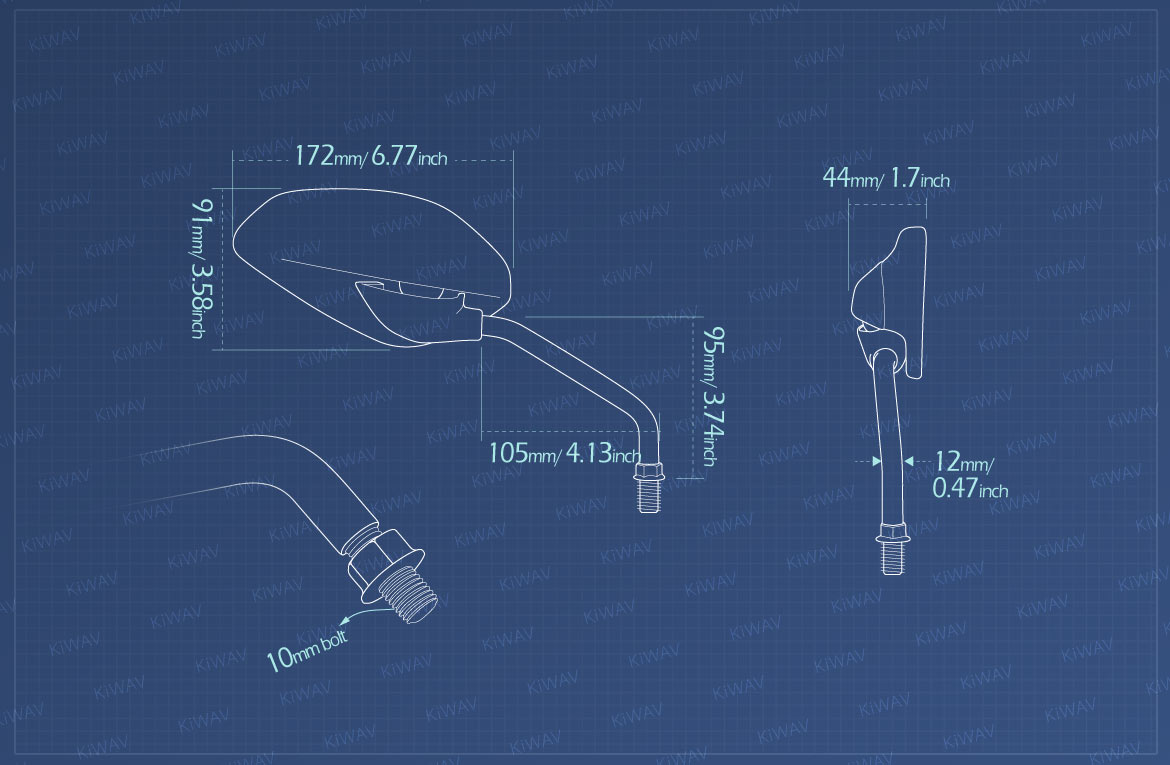 Measurement of KiWAV OEM replacement mirror FD320-2M for Ducati Scrambler 800 (15'-)
