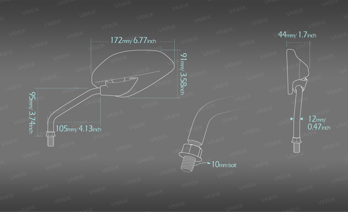 Measurement of VAWiK OEM replacement mirror FD320-2M for Ducati Scrambler 800 (15'-)