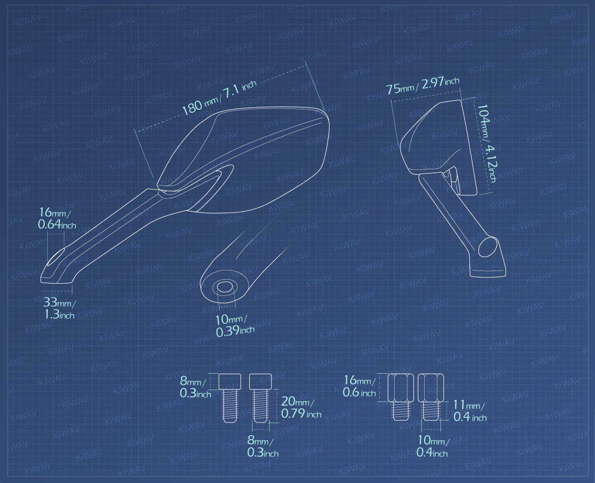 Measurement of KiWAV rear view mirrors is universal fit for most M8/M10 mirror thread motorcycles, ATVs, custom vehicles