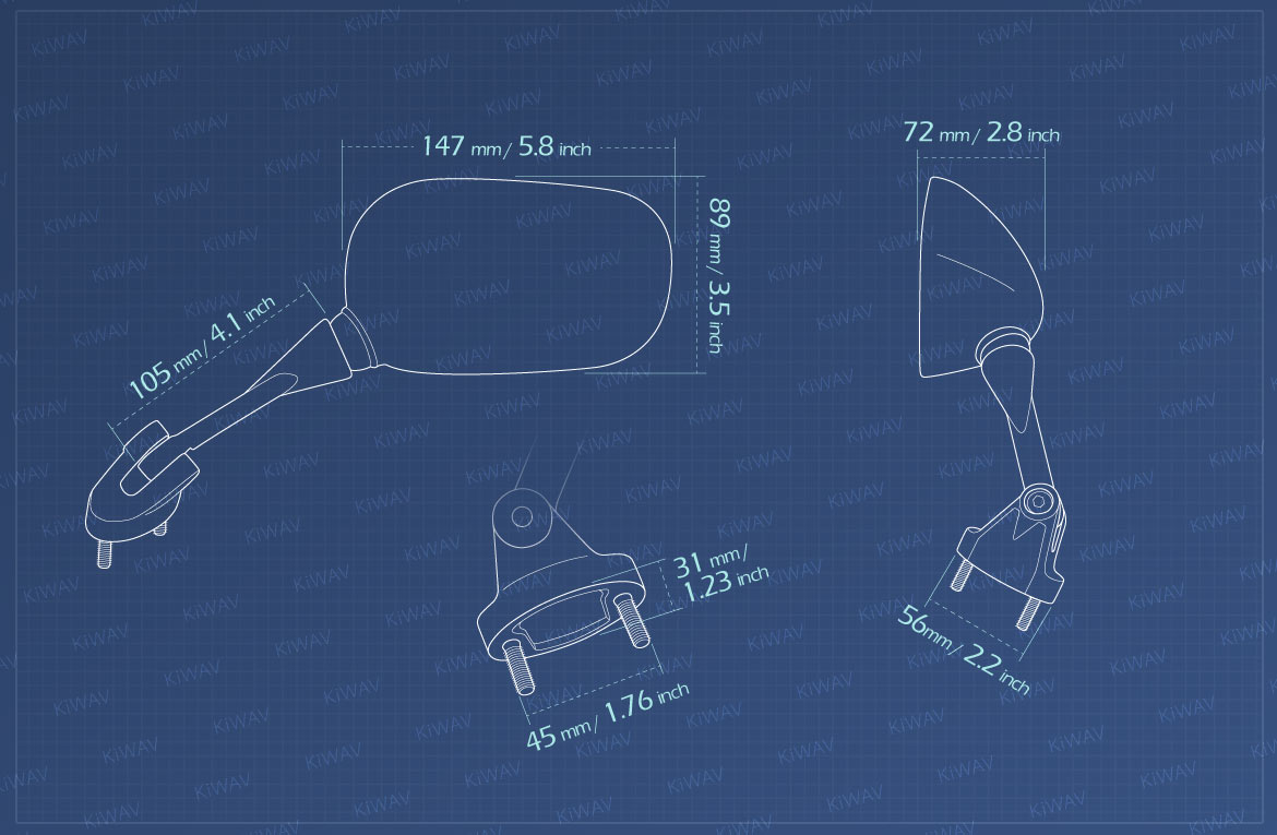 Measurement of KiWAV OEM replacement mirror FK178 for Kawasaki Ninja ZX10R left hand