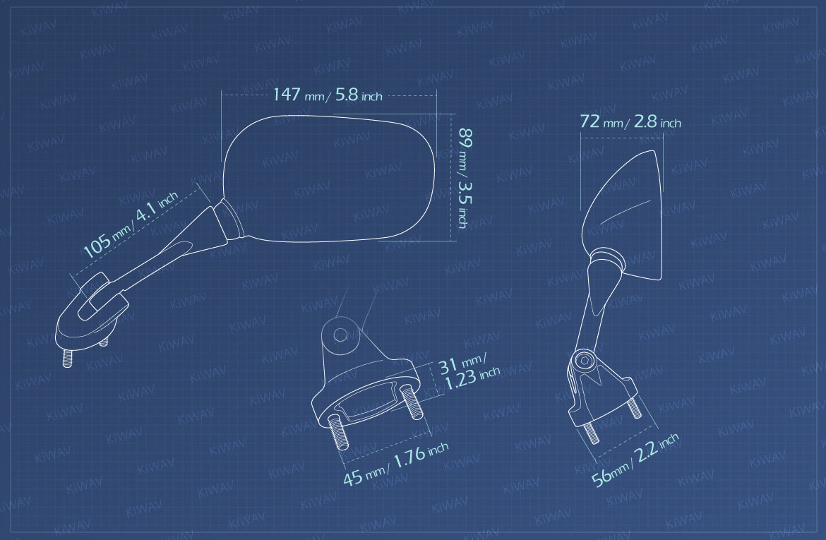 Measurement of KiWAV OEM replacement mirror FK178 for Kawasaki Ninja ZX10R a pair