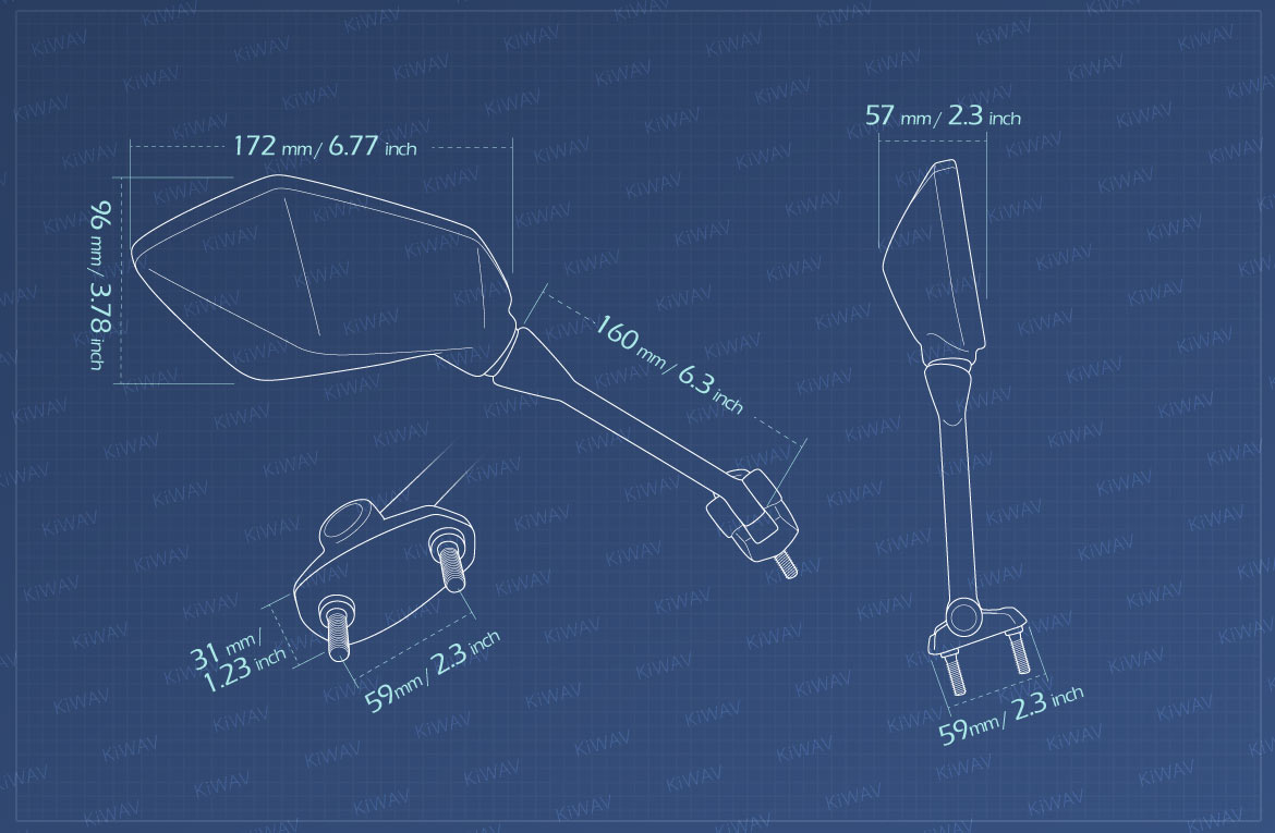 Measurement of KiWAV OEM replacement mirror FK-873 for Kawasaki Ninja 400R 650R right hand