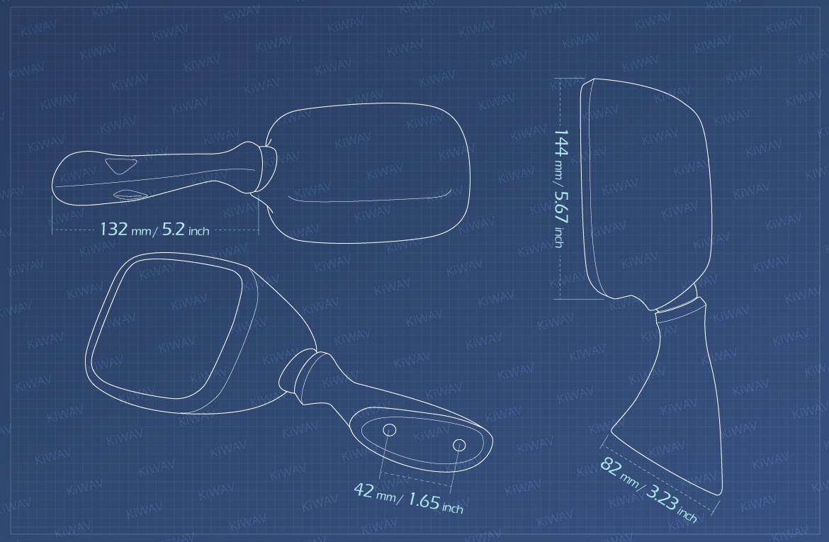 Measurement of KiWAV OEM replacement mirror FS141 for Suzuki GSXR/GSX left hand