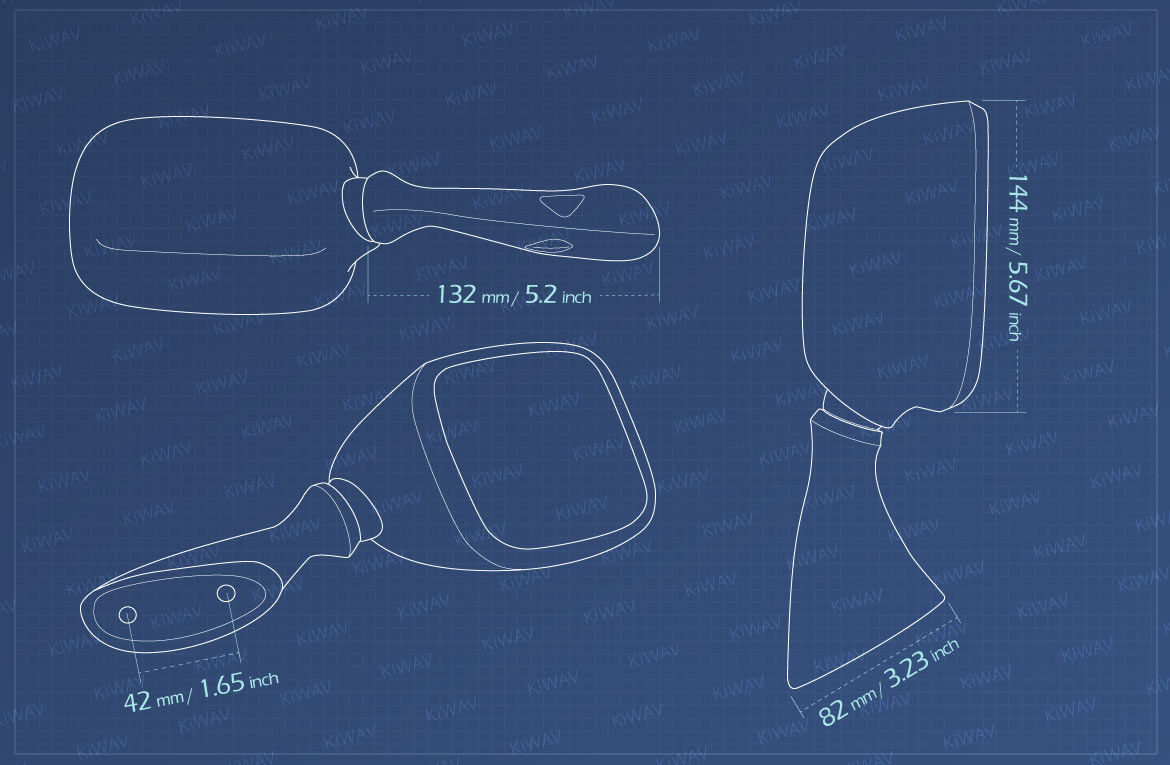 Measurement of KiWAV OEM replacement mirror FS141 for Suzuki GSXR/GSX right hand