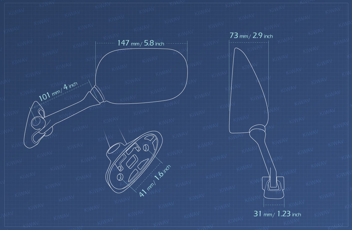 Measurement of KiWAV OEM replacement mirror FS142 for Suzuki GSXR 1000 '01-'02 a pair