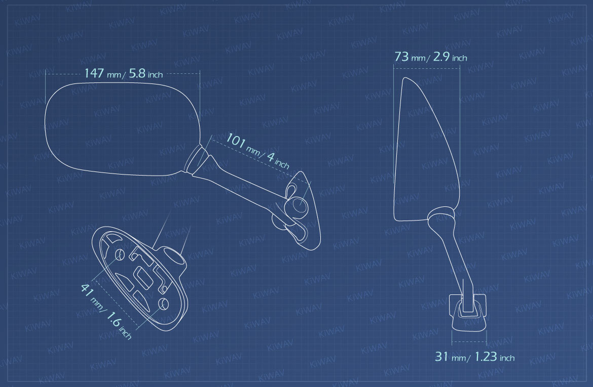 Measurement of KiWAV OEM replacement mirror FS142 for Suzuki GSXR 1000 '01-'02 right hand