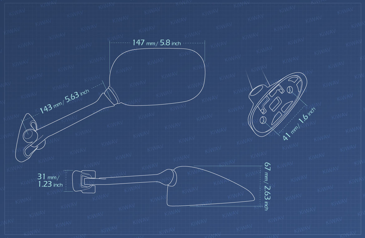 Measurement of KiWAV OEM replacement mirror FS145 for Suzuki Bandit GSF650S '05-'06 left hand