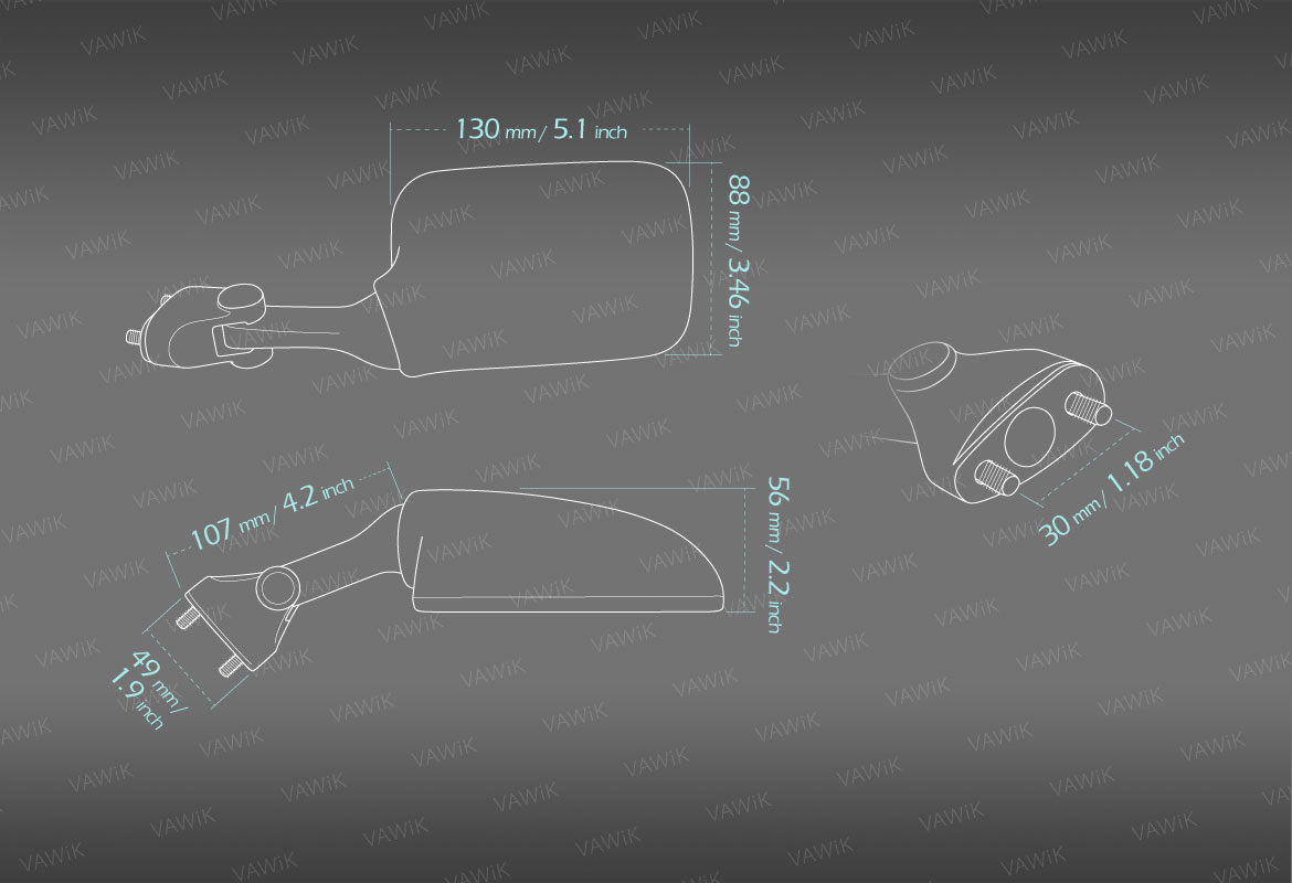 Measurement of VAWiK OEM replacement mirror FS286 for Suzuki TL1000R/TL1000S left hand