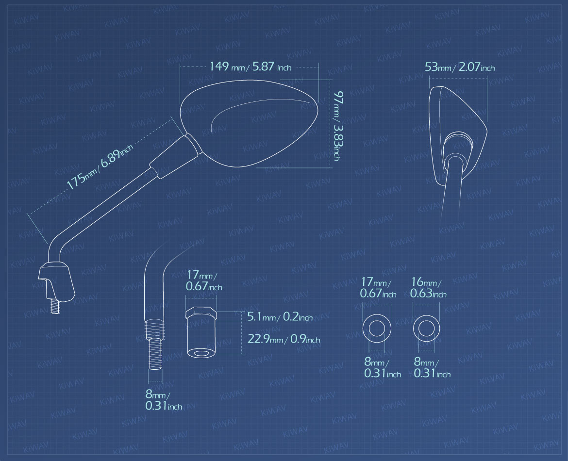 Measurement of KiWAV OEM replacement mirror glass left hand compatible for Vespa Sprint'14~'17