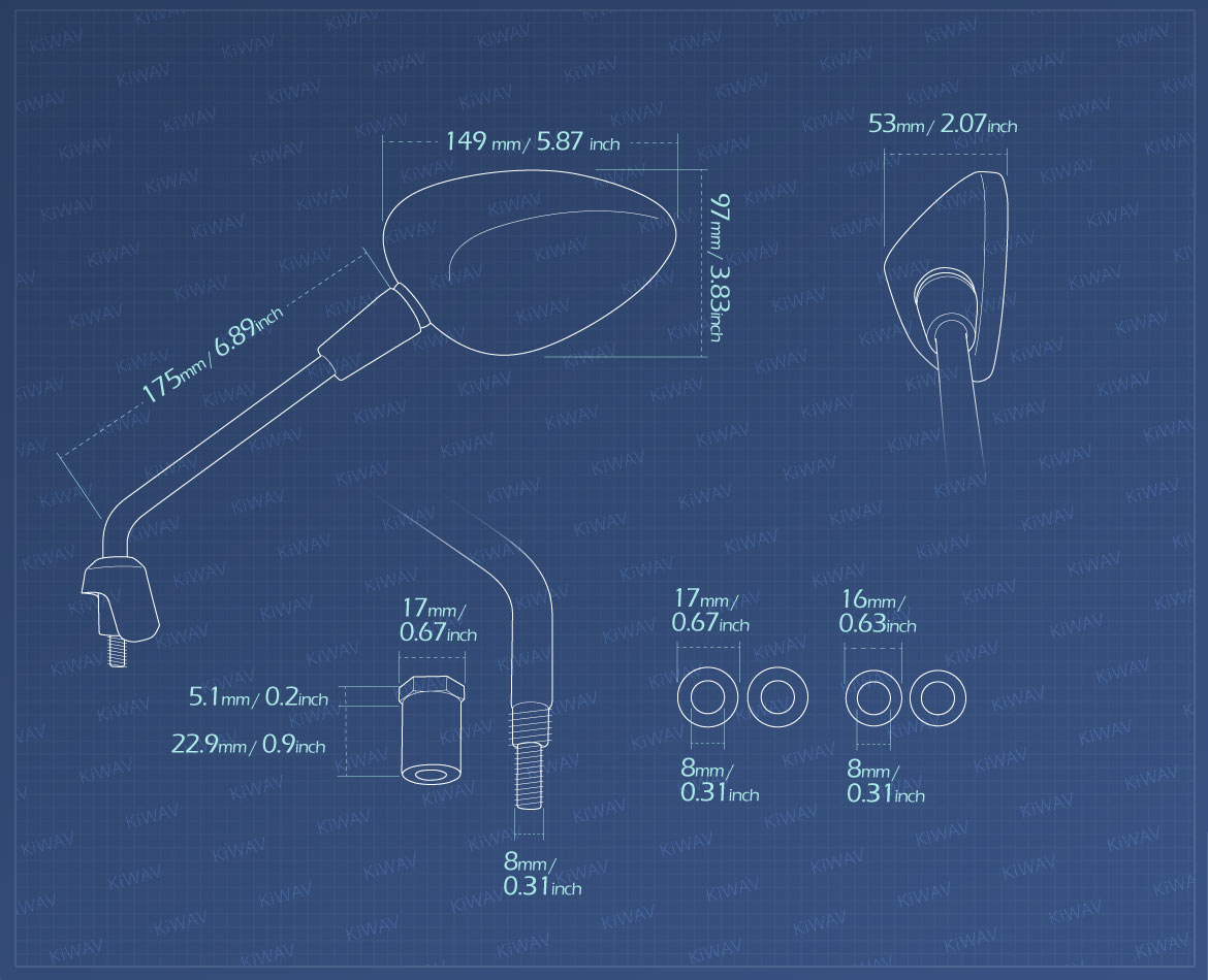 Measurement of KiWAV OEM replacement mirror glass a pair compatible for Vespa Sprint'14~'17