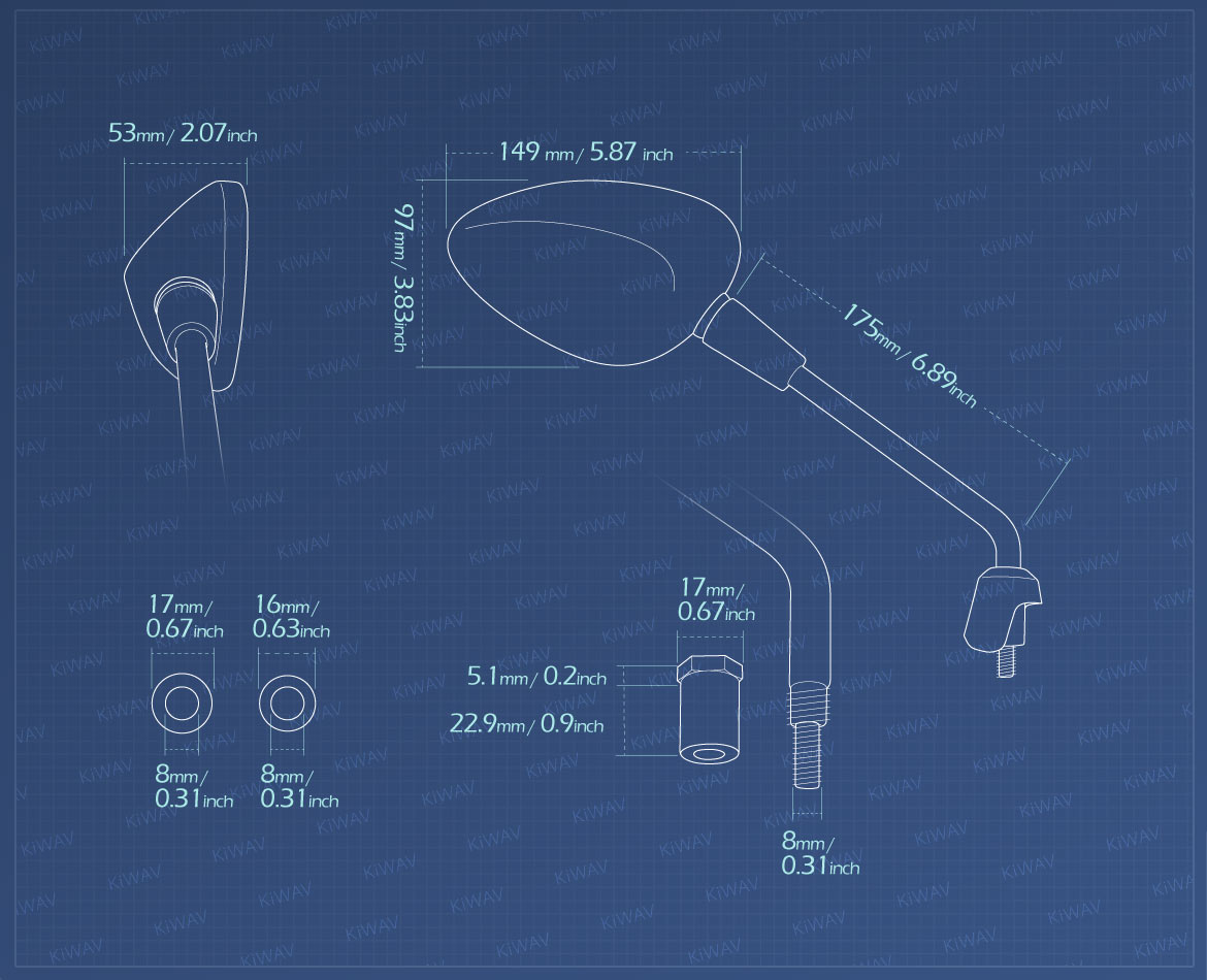 Measurement of KiWAV OEM replacement mirror glass right hand compatible for Vespa Sprint'14~'17