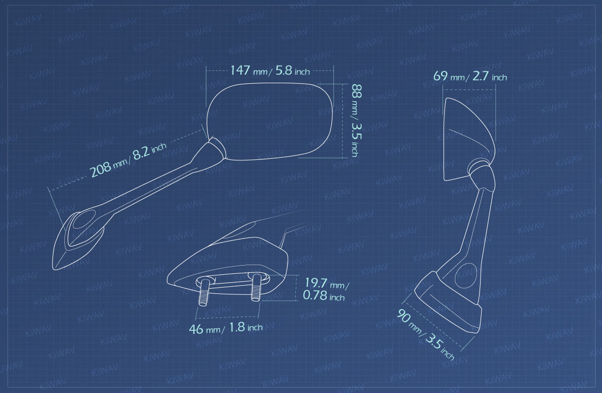 Measurement of KiWAV OEM replacement mirror FY288 for Yamaha FZ1 left hand