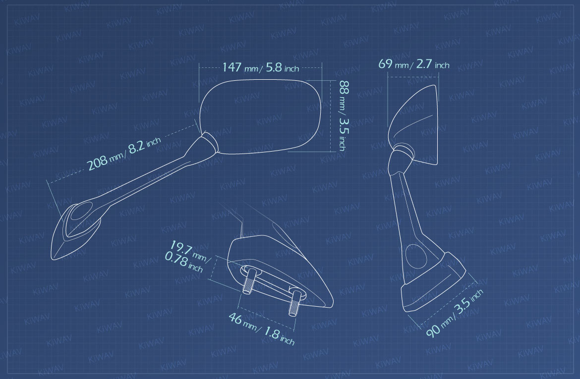 Measurement of KiWAV OEM replacement mirror FY288 for Yamaha FZ1 a pair