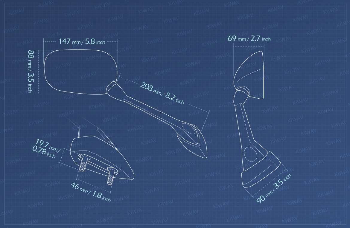 Measurement of KiWAV OEM replacement mirror FY288 for Yamaha FZ1 right hand