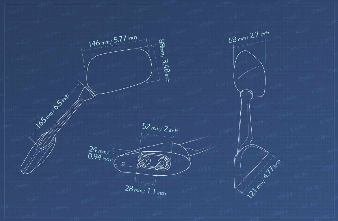 Measurement of KiWAV OEM replacement mirror FY357 for Yamaha XJ6 Diversion pair