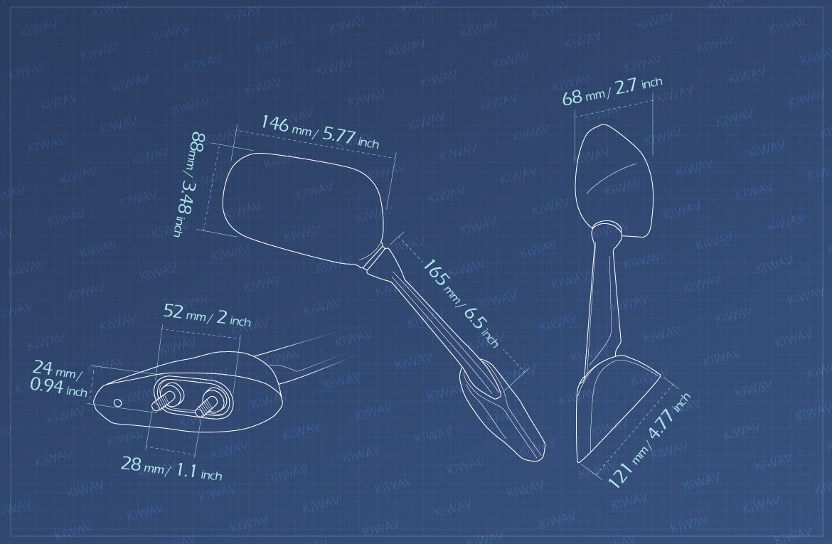 Measurement of KiWAV OEM replacement mirror FY357 for Yamaha XJ6 Diversion right hand