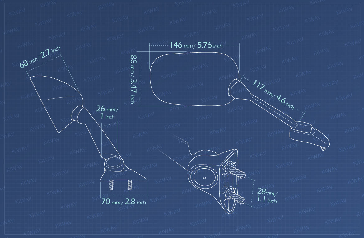 Measurement of KiWAV OEM replacement mirror FY869 for Yamaha YZF-R1 both hand