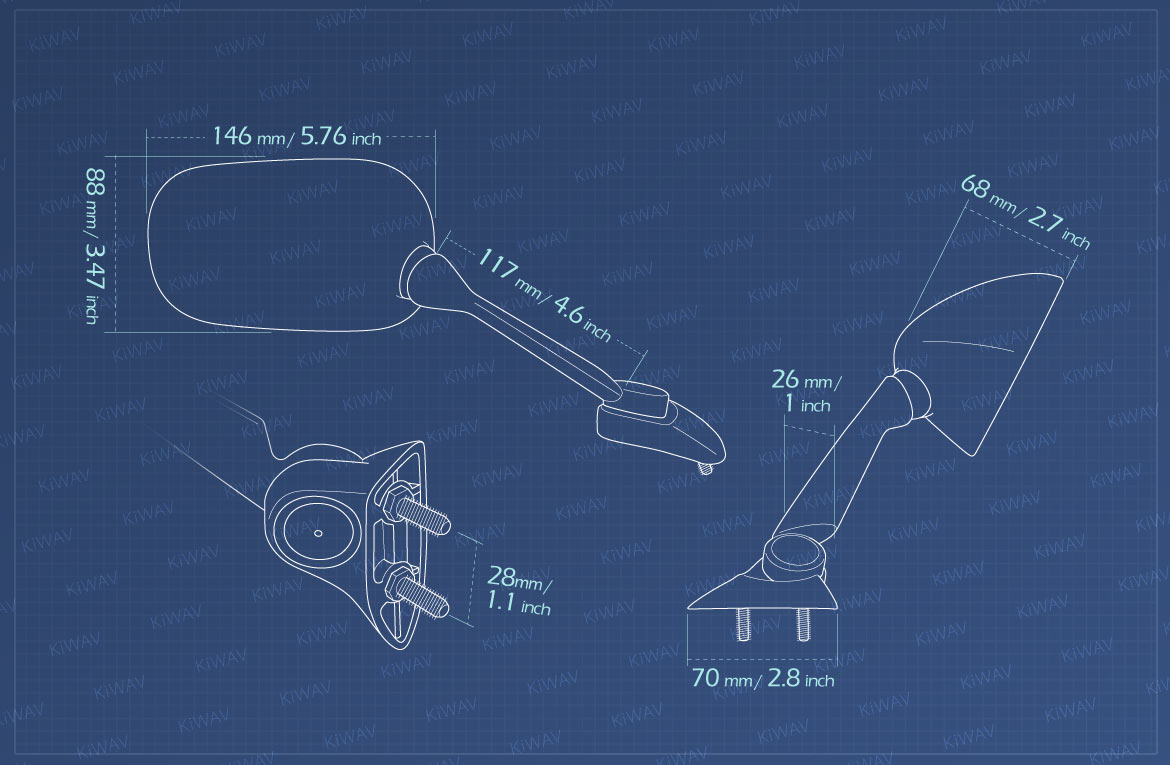 Measurement of KiWAV OEM replacement mirror FY869 for Yamaha YZF-R1 right hand
