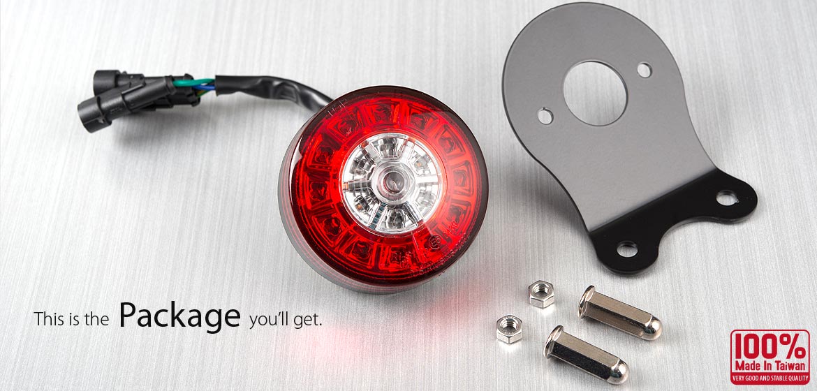KiWAV LED Round Tail Light/Brake Light with black mounting bracket & bolt caps