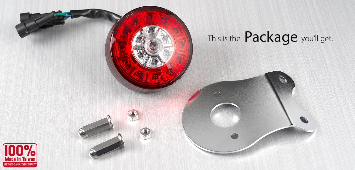 KiWAV LED Round Tail Light/Brake Light with silver mounting bracket & bolt caps