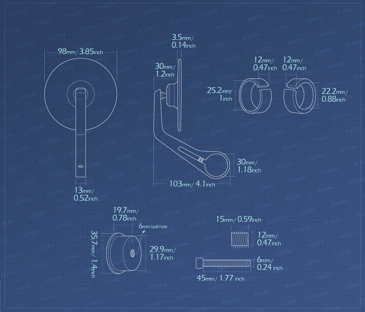 Measurement of KiWAV round bar end mirror Colin compatible for BMW M12 threaded handlebars