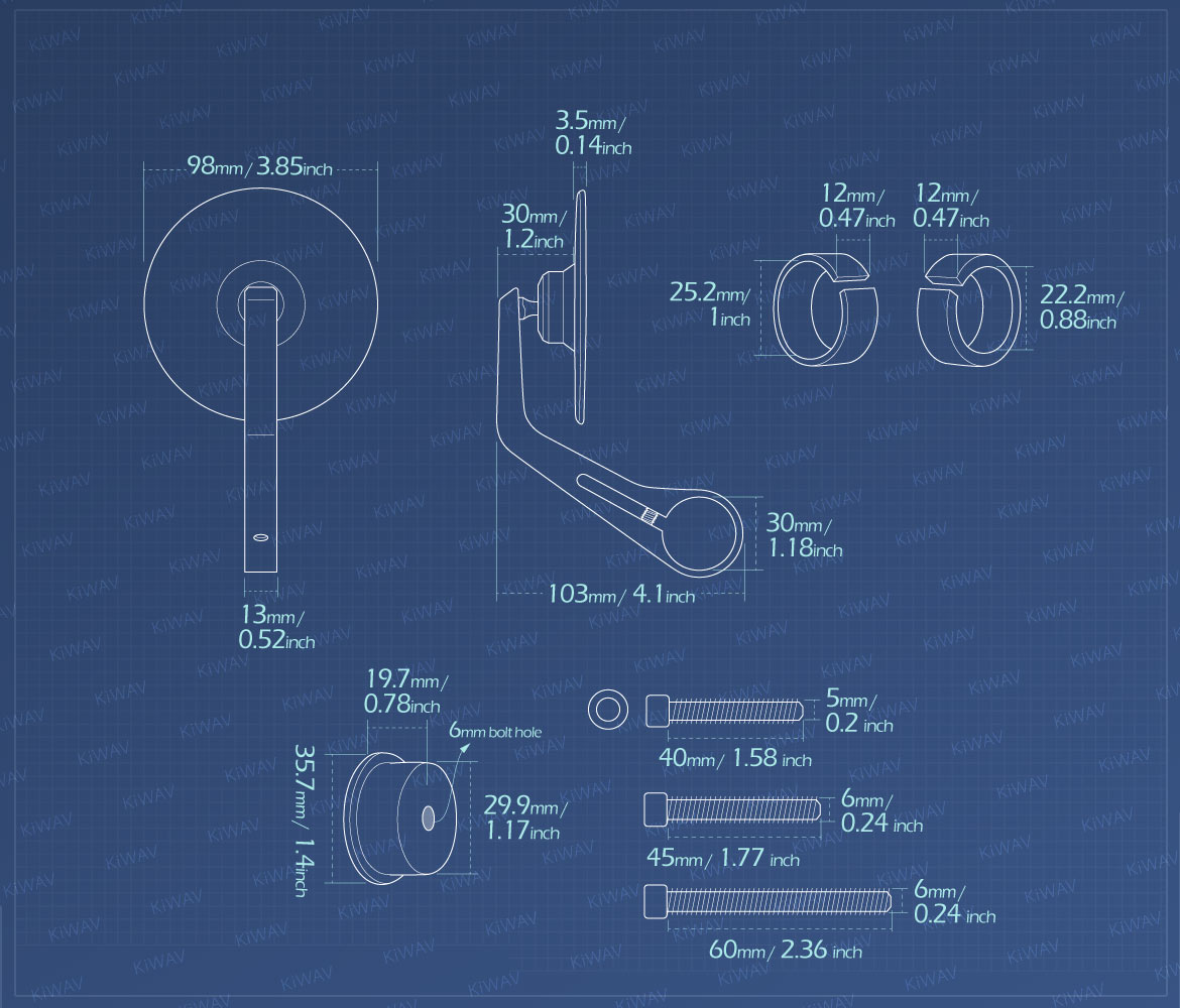 Measurement of KiWAV round bar end mirror Colin compatible for Triumph air-cooled motorcycles