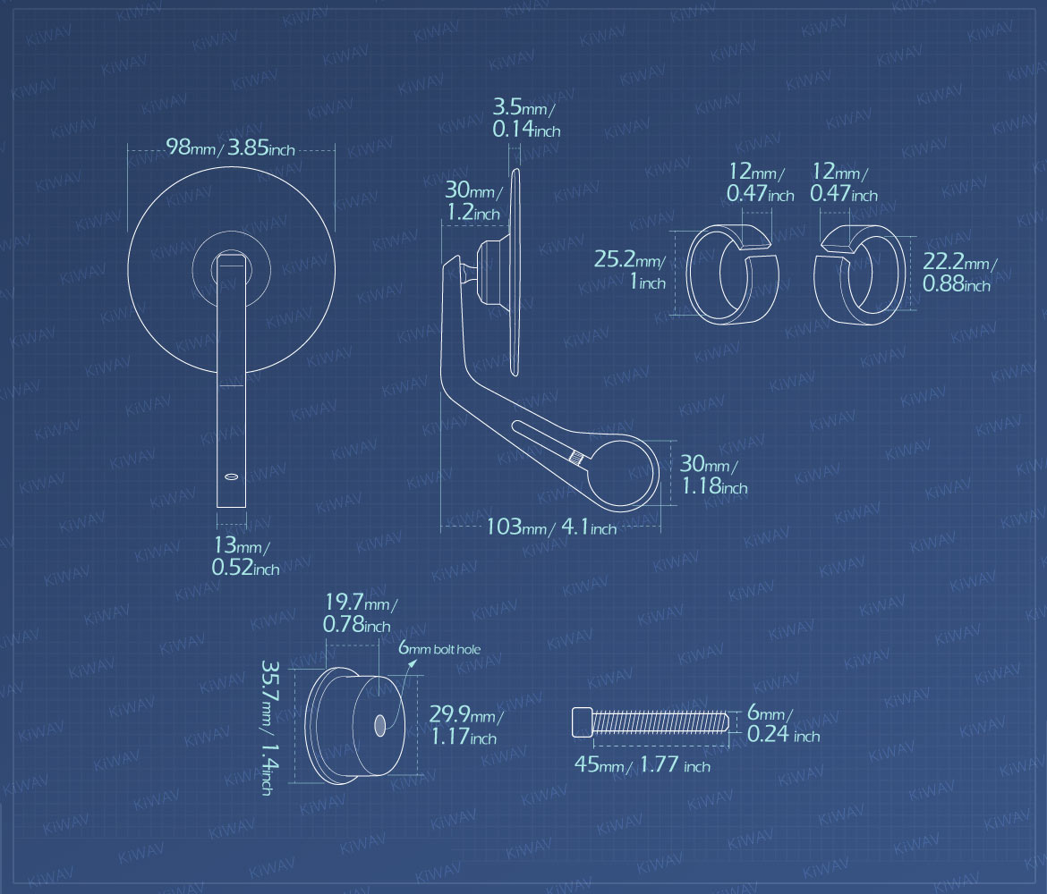 Measurement of KiWAV round bar end mirror Colin direct bolt-on M6 threaded handlebars