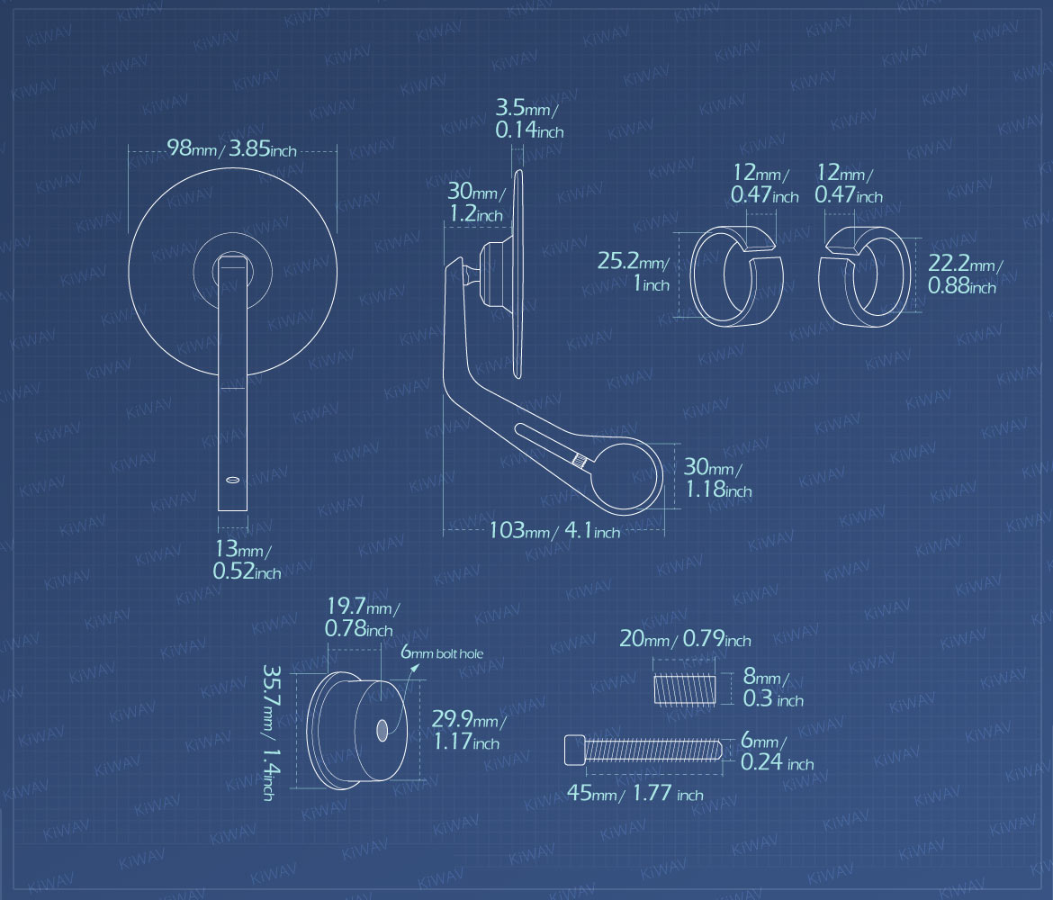 Measurement of KiWAV round bar end mirror Colin direct bolt-on M8 threaded handlebars