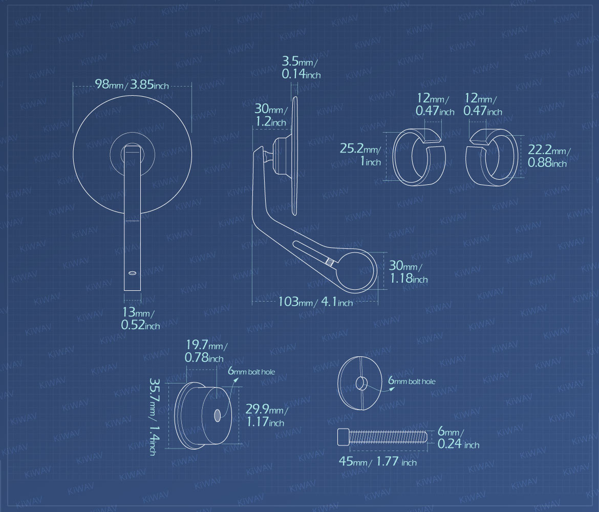 Measurement of KiWAV round bar end mirror Colin compatible for Royal Enfield Interceptor 650