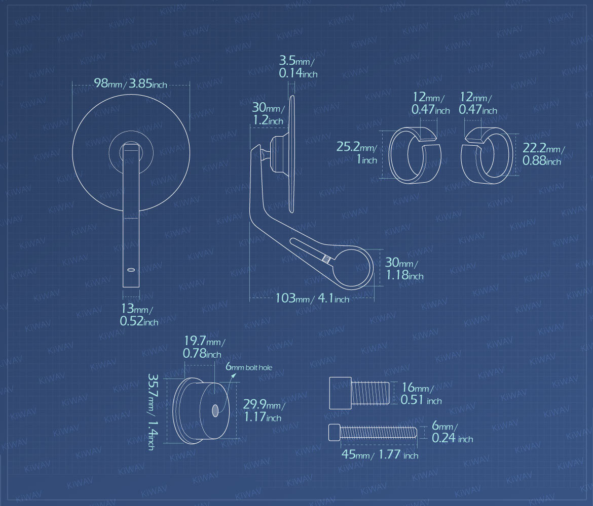 Measurement of KiWAV round bar end mirror Colin compatible for Yamaha M16 threaded handlebars