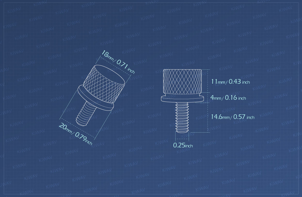 Measurement of KiWAV SAE 1/4-20 seat bolt knurled knob CNC aluminum compatible with Harley Davidson