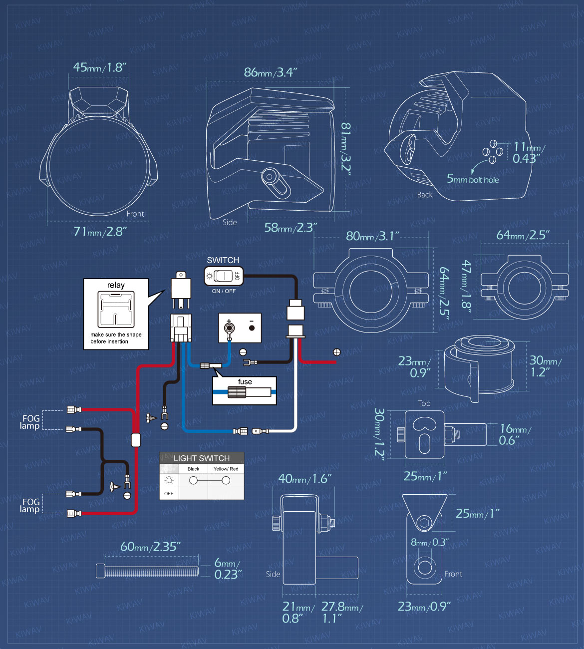 Measurement of KiWAV motorcycle 12V 24V 3 inches 8W round LED fog light with wiring kits