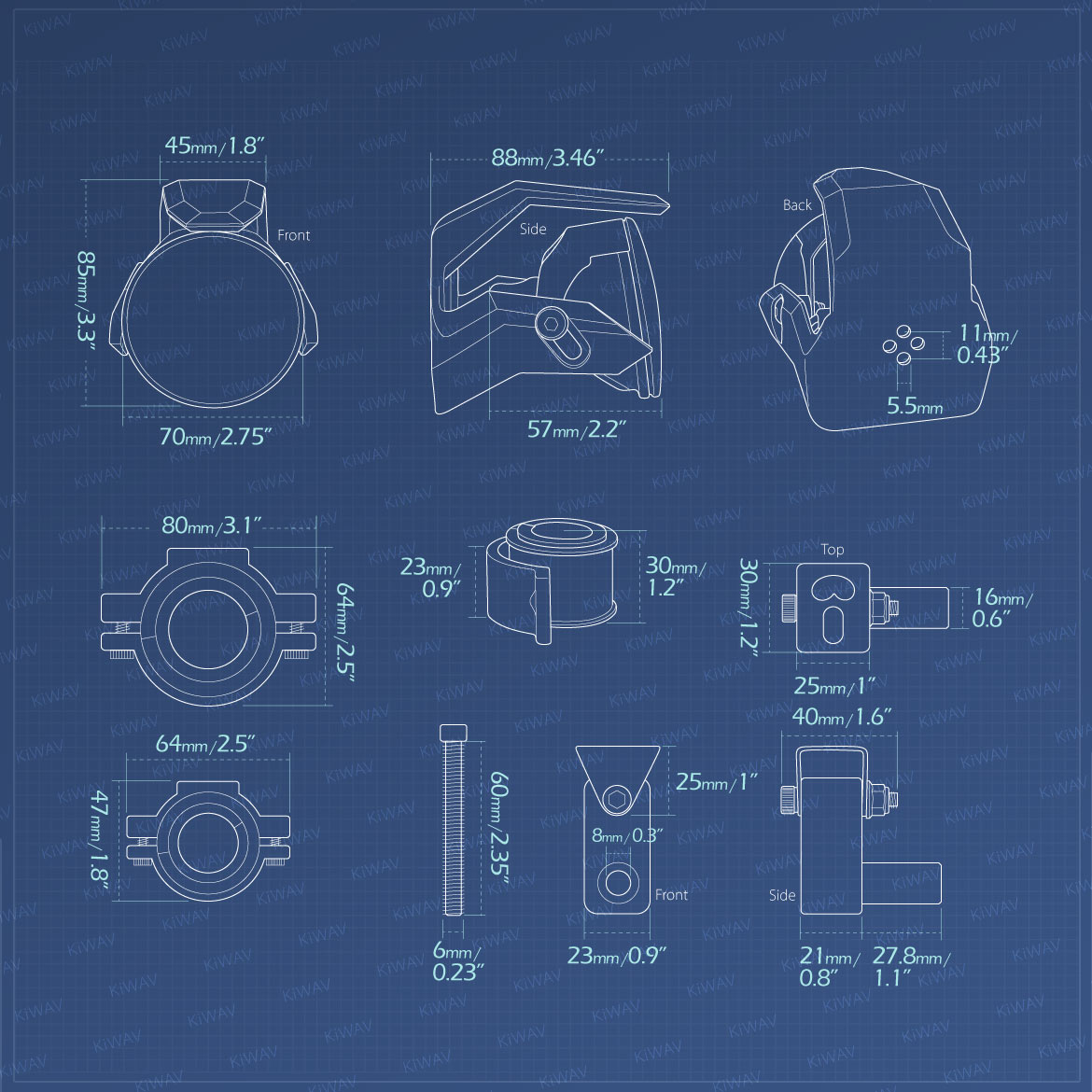 Measurement of KiWAV motorcycle 2.75 inch 12V 55W round driving light
