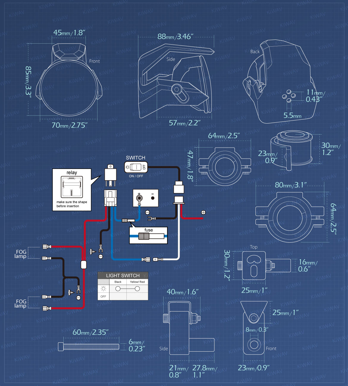 Measurement of KiWAV motorcycle 2.75 inch 12V 55W round driving light with wiring kits